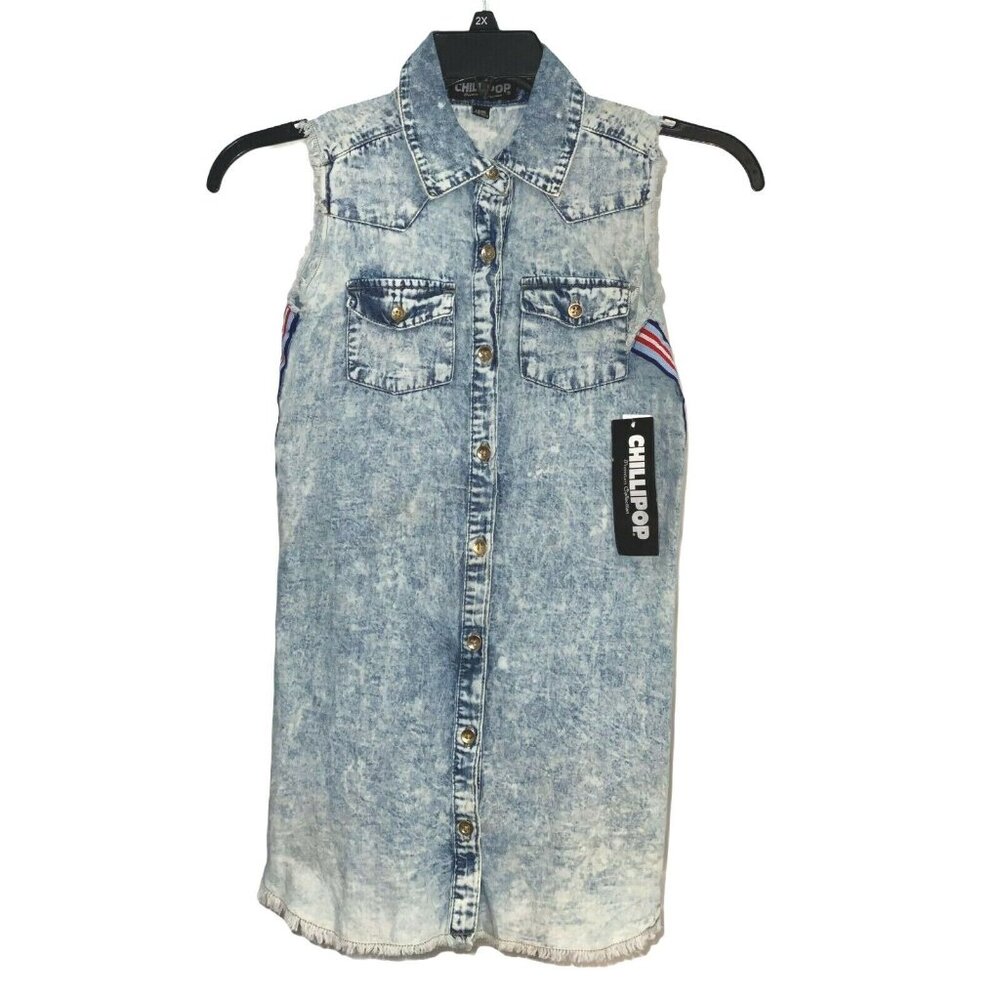 Chillipop Girl's Size 14/16 Sleeveless Blue Button-Down Shirt